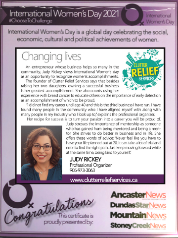 Awards About Women's Day 2021- Judy Rickey - Clutter Relief Services